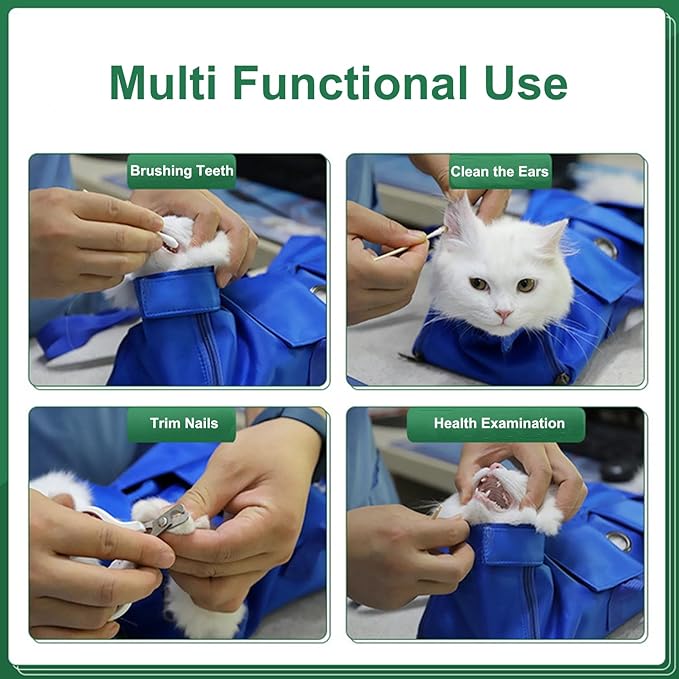 HDKUW Cat Grooming Bag,Foldable Travel Carrier for Cats,Anti-Bite Anti-Scratch Cat Grooming Restraint Bag,Pet Carrier for Administering Eye Drops,Ear Cleaner,Clipping Nails Blue M
