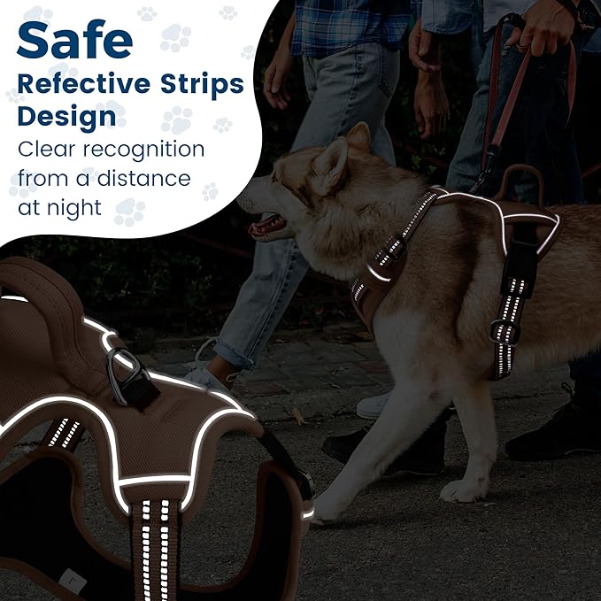 Funfox Dog Harness No Pull, Adjustable Pet Vest Harness, Super Soft Material with Vertical Handle Easy Control, Reflective Night Walking, 2 Leash Clips for Medium Sized Dogs, Brown, M