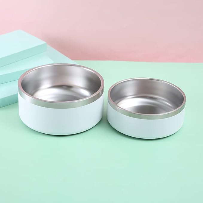 Dog Bowl - Vacuum Insulated Keeps Water Cool, Non-Slip Base, Easy Clean Interior, Durable Stainless Steel, Multiple Colors, Ideal for Travel, 32 Oz - Pet Bowl (White)