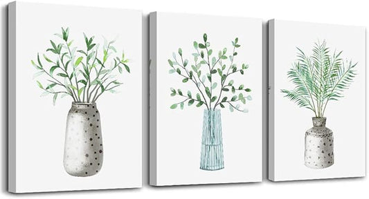 AHUASJART Canvas Wall Art Paintings For Kitchen Dining Room Large Size Wall Decor For Living Room Bedroom Wall Decoration Office Decor Green Leaf Vase Wall Pictures Artwork For Home Walls 3 Piece
