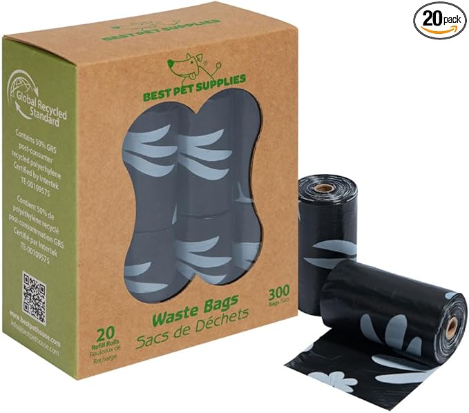 Best Pet Supplies Poop Bags for Dogs, 50% Post-Consumer Recycled Content dog waste bags on rolls, fits all poop bag holders for leashes - Black, 300 Count, Unscented