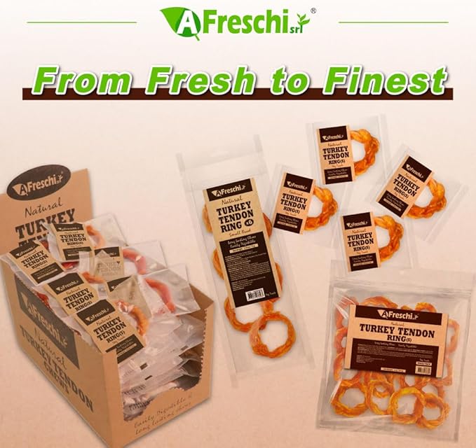 Afreschi Natural Turkey Tendon Ring (S) 40 Units/Box, Dog Treats for Signature Series, All Natural Human Grade Puppy Chew, USA-Sourced Turkey Tendon, Hypoallergenic, Rawhide Alternative