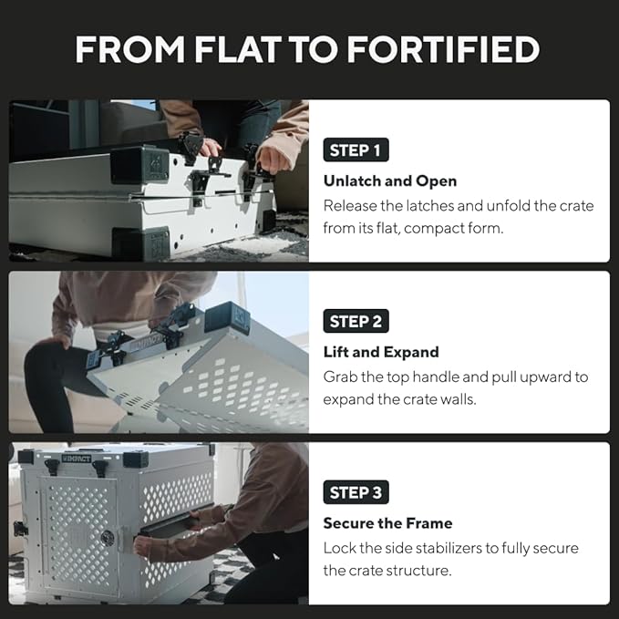 Impact Collapsible Dog Crate - Foldable Hard Crate for Extra Large Dogs - Heavy Duty Travel Kennel with Powder-Coated Aluminum - Quick Setup for Indoor & Outdoor (Gray, 40"+ (40.5" L x 27.5”W x 34" H)
