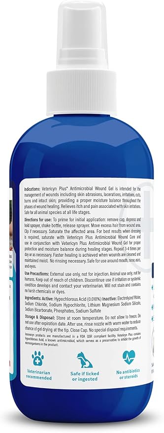Vetericyn Plus Dog Wound Care Hydrogel Spray | Healing Aid and Wound Protectant, Sprayable Gel to Relieve Dog Itchy Skin, Safe for All Animals. 8 Ounces