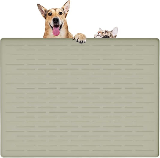 32" x 24" Large Pet Food Mat, Silicone Dog Mats for Food and Water, Nonslip Pet Feeding Mats for Floors,Dog Cat Bowl Mat with Raised Edges, Gray Green