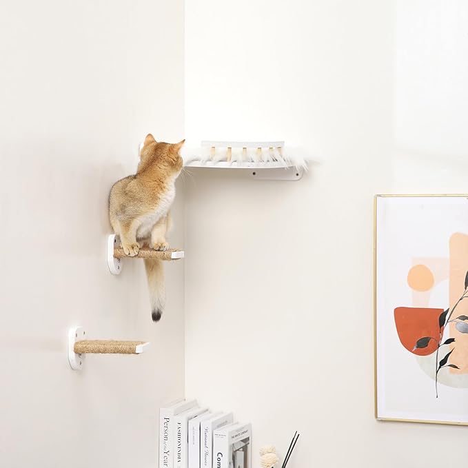 3-in-1 Cat Climbing Wall Steps with Hemp Rope, Shelves and Perches - Wall-Mounted Cat Furniture Set with Scratching Pads (White)