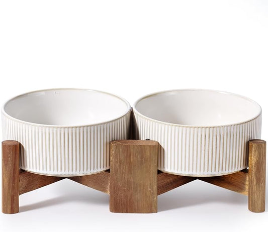 Getstar Ceramic Dog Bowls with Acacia Wood Stand, 30 fl oz, Set of 2, Dog Food Bowl, Cat Bowls (6.5 inches) (Vintage White)