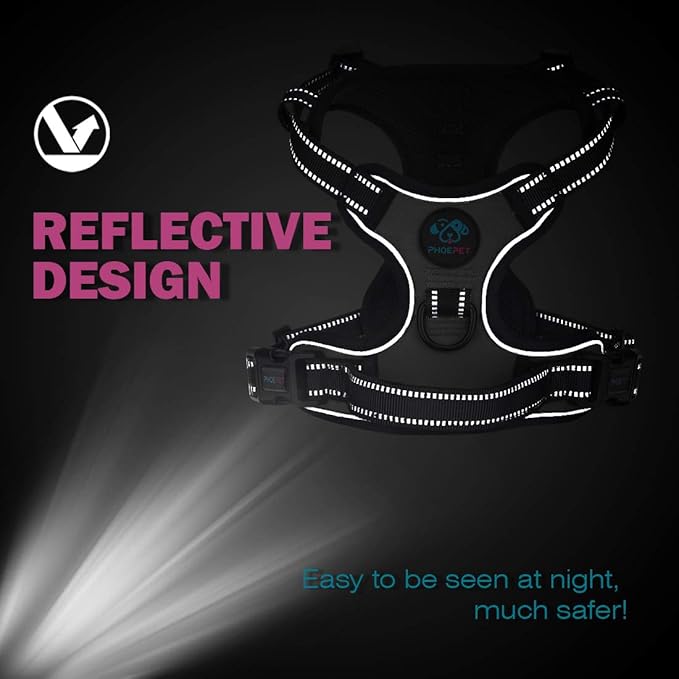 PHOEPET No Pull Dog Harnesses for Small Puppies Reflective Adjustable Front Clip Vest with 2 Metal Leash Attachment Hooks Soft Handle(XS, Black)