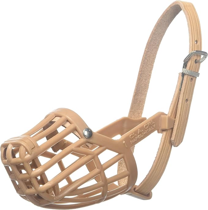 Leather Brothers Italian Basket Dog Muzzle, Adjustable Secure Fit, Comfortable Design, Training and Safety, Averts Biting, Prevents Chewing and Scavenging, Perfect for Grooming - Tan, Size 4