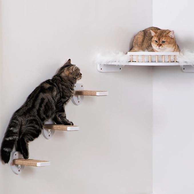 3pcs Wall Mounted Cat Steps, Climbing Furniture, Shelves With Hemp Rope Covered, Solid Wood Ladder for Playing and Climbing (Standard-White)