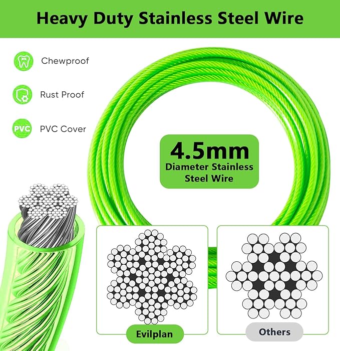 Dog Tie Out Cable 10FT-500Lbs,Heavy Duty Dog Leads&Tether for Yard with Swivel Hook,Small Large Dogs Leash Line for Outside,Rust Chew Proof Dogs Run Cable for Outdoor Camping (Green, 10FT)