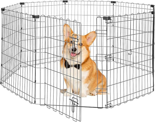 Foldable Dog Playpen 30" Height 8 Panels Metal Exercise Pen with Door - Indoor/Outdoor Puppy Playpen for Small Dogs, Portable Pet Fence for Yard Garden Camping, Black