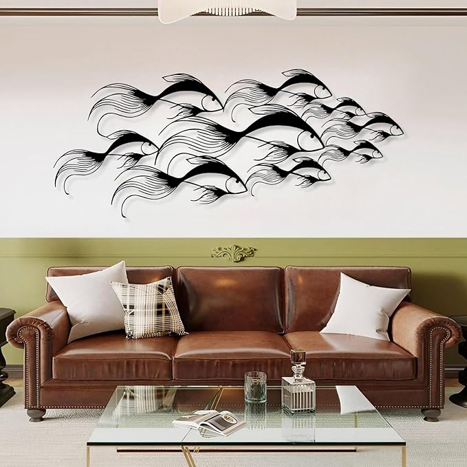 School of Fish Metal Wall Art, Metal Fish Wall Decor, Sea Life Wall Art, Large Nautical Wall Hanging, Modern Beach House Wall Decor, Ocean Themed Artwork for Bathroom (Gold, 59"x25" | 150x64cm)