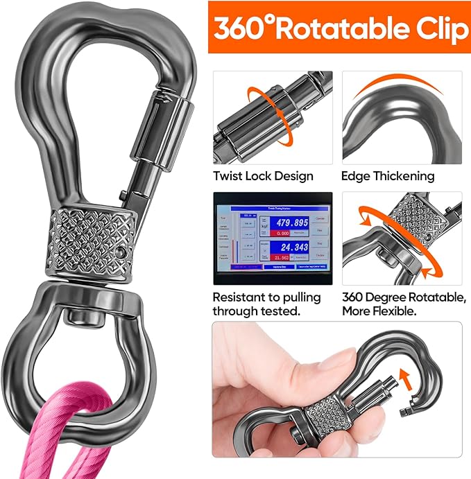 Tresbro 15FT Reflective Tie Out Cable for Dogs Up to 250 Pounds, Steel Wire Lead Leash Cable with Stainless Rotatable Buckle, Lightweight and Enduring, Dog Chains Outside for Outdoor, Yard, Pink