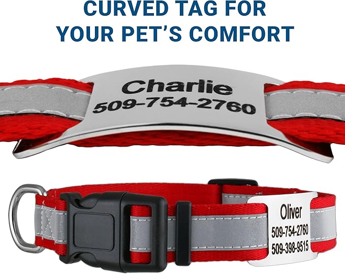 GoTags Reflective Personalized Dog Collar with Nameplate, Adjustable Dog Collar with Custom Engraved Steel Slide On Pet ID Tag, Silent, No Noise Dog Tag for Large Medium or Small (Red, Large)