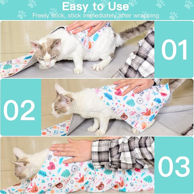 21.7" Cat Grooming Wrap, Cat Wrap for Cutting Nails, Self-Adherent Fabric Wrap for Cats, Cat Burrito Wrap Anti-Scratch, Anti-Escape, Multifunctional Swaddle Wrap Pet Tool (Green Kitten, Large)