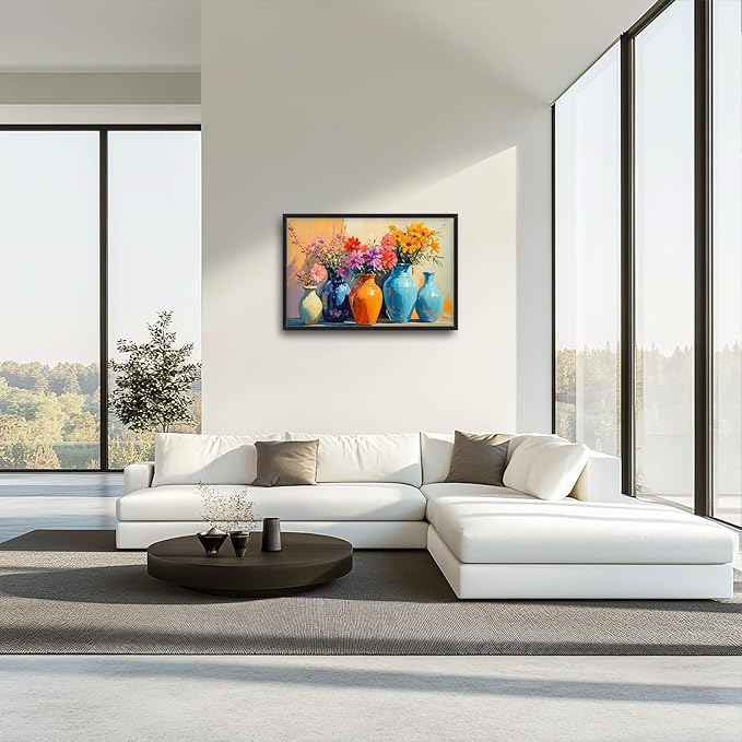 Large Colorful Floral Wall Art for Living Room, Framed Oversized Asian Flower Vase Decor Canvas Painting Sunlight Pictures Modern Artwork for Bathroom Bedroom Office Dining Room 36"x24"