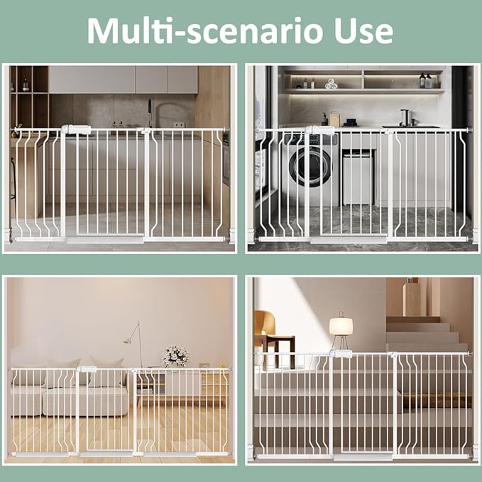 TSAYAWA Walk Through Baby Gate with Door, 62-67 Inch Wide Presure Mounted No Drill Metal Auto Close Child Gate for Stair Doorway - Indoor Outdoor Safty Gate for Toddler Dog Doggie, White
