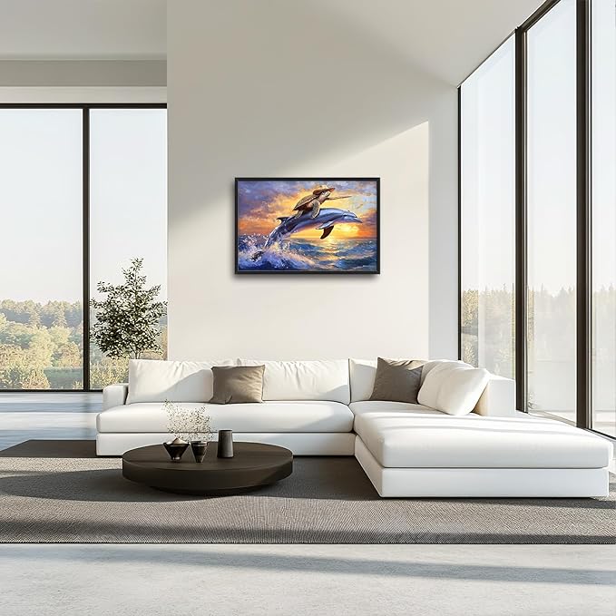 Large Funny Sea Turtle Wall Art for Living Room, Framed Oversized Ocean Dolphin Wall Decor Sunset Nautical Canvas Painting Modern Artwork Home Decoration for Bedroom Office 36"x24"