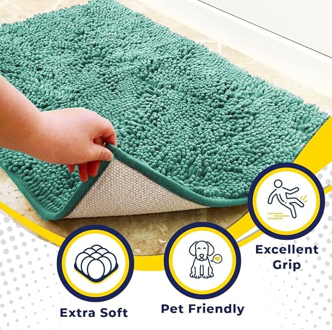 Muddy Mat® Pack of 3 Highly Absorbent Microfiber Dog Door Mat and Pet Rug, Non Slip Thick Washable Area Mat Soft Chenille for Kitchen Bathroom Bedroom and Outdoor - Sea Green Small, Medium & Large