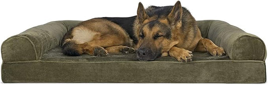 Furhaven Orthopedic Dog Bed for Large Dogs w/ Removable Bolsters & Washable Cover, For Dogs Up to 95 lbs - Faux Fur & Velvet Sofa - Dark Sage, Jumbo/XL
