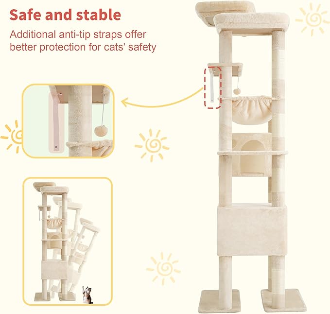 Hey-brother Tall Cat Tree Tower, Heavy Duty Scratching Posts with Large Platforms, Cozy Condos, Big Hammock, Toy Balls, Multi-Level Furniture for Indoor Adult Cats, 80.7 Inches, Beige MPJ039M