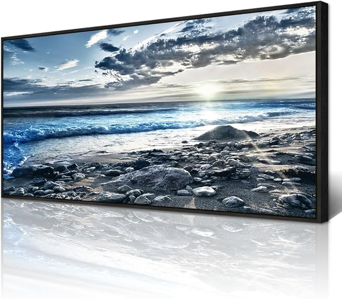 Wapluam Large Canvas Prints Wall Decorations For Living Room Wall Art For Bedroom Office Wall Decor Scenery Wall Painting Blue Sea Pictures Artwork For Fashion Black Framed Beach Posters Home Decor