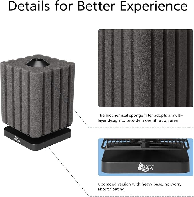 AQQA Sponge Filter for Aquarium Upgraded Whisper Betta Fish Filter Submersible Fish Tank Filter Corner Sponge Foam Filter for Breeding Fry Betta Shrimp Fish Tank (Medium for 30-120 Gallon)