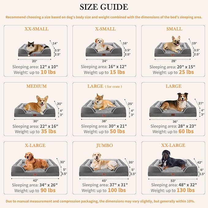 Comfort Expression Large Dog Beds Waterproof Orthopedic Foam Dog Sofa Beds Comfy Pet Bed with Washable Removable Cover & Non-Slip Bottom(Large,Grey)