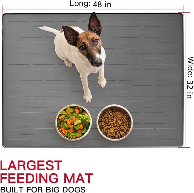 48" x 32" Largest Pet Food Mat, XXXL Silicone Dog Mats for Food and Water, Nonslip Pet Feeding Mats for Floors,Dog Cat Bowl Mat with Raised Edges, Dark Green