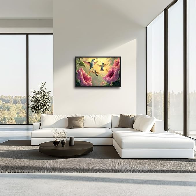 Framed Large Hummingbird Wall Art for Living Room, Oversized Rustic Bird Flower Wall Decor Floral Canvas Painting Nature Sunrise Pictures Modern Artwork for Bedroom Office Dinging Room 36"x24"