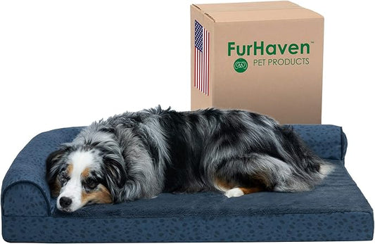 Furhaven Cooling Gel Dog Bed for Large/Medium Dogs w/ Removable Bolsters & Washable Cover, For Dogs Up to 55 lbs - Plush & Almond Print L Shaped Chaise - Blue Almonds, Large