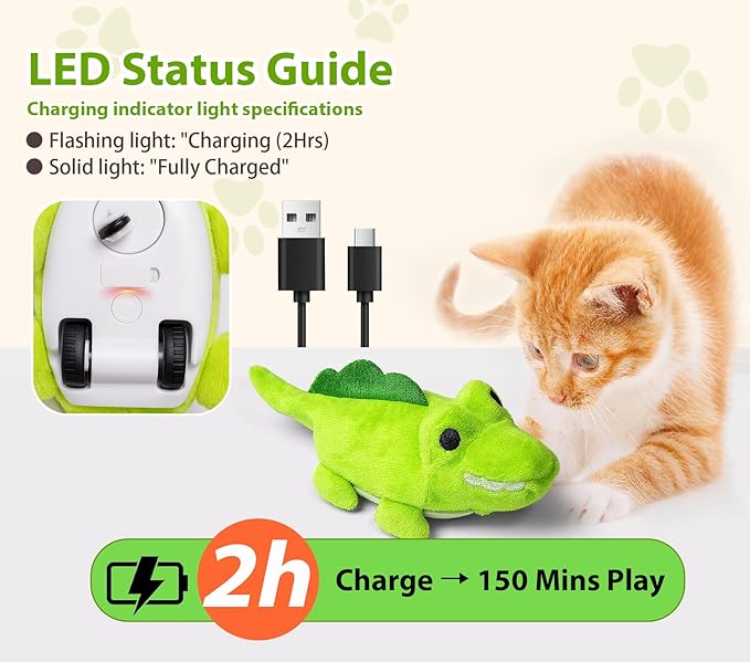 Interactive Cat Toys for Indoor Cats - Automatic Moving Cat Chase Toy for Bored Indoor Adult Cats - 360° Random Movement, Tail Wagging & Catnip Stimulation - Electric Croc(Short Plush)
