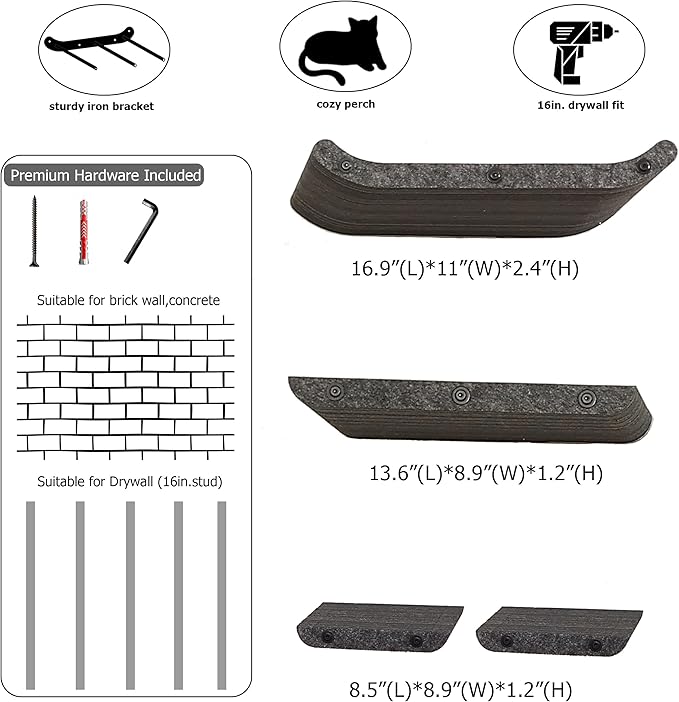 Wall Mounted Cat Shelves and Perches,Scratchable Cat Beds & Furniture for Indoor Cats, Soft PET Felt Feline Climbing Wall Set, Modern Jungle Gym System for Lounging and Sleeping (Set of 4-Grey)