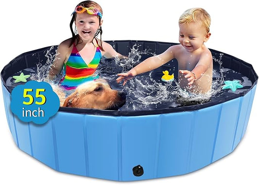 Foldable Dog Pool, 55" x 12" Kiddie Pool with Hard Plastic, Non-Slip Dog Bath Tub for Outdoor Backyard, Collapsible Dog Swimming Pool for Kids Dogs Pets (Blue)