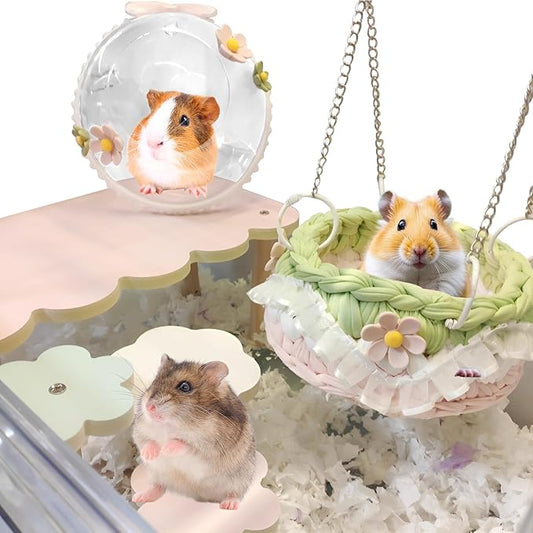 4-Pack Wooden Rat Cage Accessories - Platforms, Ladders & Hammocks Set for Chinchillas, Hamsters, Gerbils (for Iron/Wooden, Acrylic Hamster Cages + Customizable Layout) (9.1x5.6x4.3)