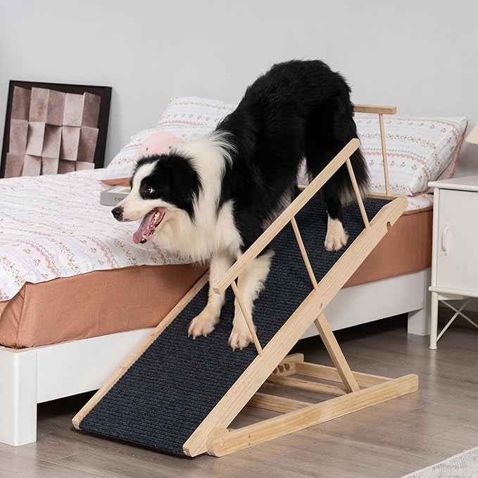 Dog Ramp for Bed, Dog Stairs for Small and Large Dogs, Portable Dog Steps for Bed, Couch, Car, Adjustable Pet Ramp, Anti-Slip Traction Mat Pet Steps, Support up to 210 lbs (Log Color, LENTH-55.1IN)