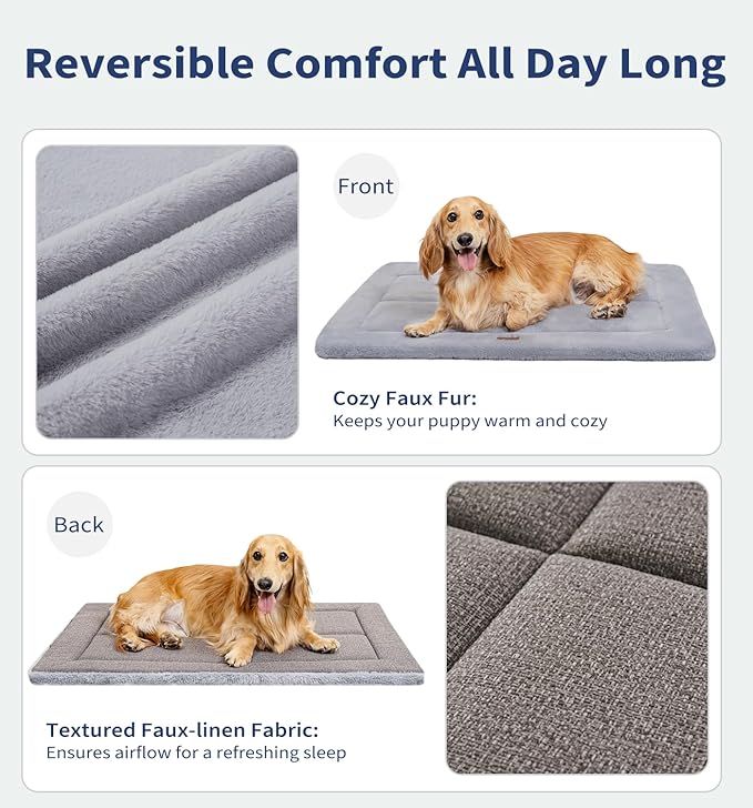 Made4Pets Dog Crate Pad Bed for Small Dogs, Washable & Reversible, Anti-Slip Kennel Mat for Cozy Sleeping, Soft Fluffy Dog Bed for Indoor & Outdoor Use, 24"x18", Gray