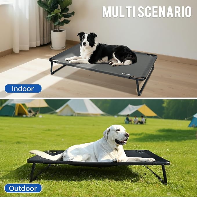 Cooling Elevated Dog Bed, Raised Outdoor Dog Bed Waterproof Pet Beds Cots Stable and Easy Assembly, Teslin Fabric with 1.2mm Thick Iron Frame, Breathable, Ultra-Sturdy，Black, 48 * 32 * 8.7