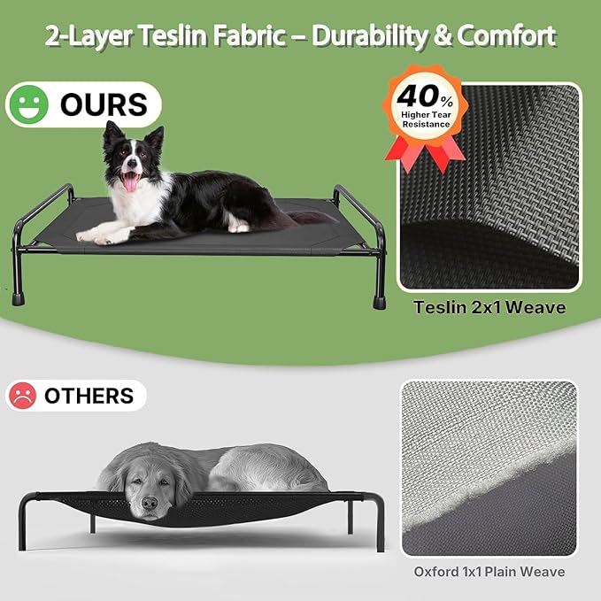 Raised Dog Bed, Outdoor Dog Bed for Dogs, Cooling Elevated Pet Cot, Durable and Sturdy Pet Bed, Waterproof Mesh Cover Raised Metal Frame, Non Slip, Black