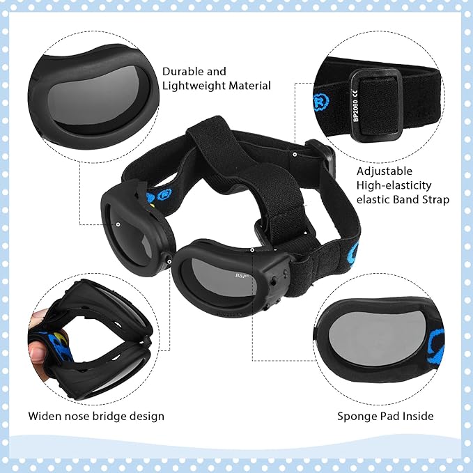 Frienda Dog Helmet and Goggles, UV Protection Doggy Sunglasses and 4 Inch Padded Puppy Motorcycle Helmet Adorable Dog Goggles with Adjustable Belt for Small Dogs Puppy Riding(Black,S)