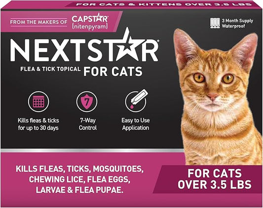 Flea and Tick Prevention for Cats, Repellent, and Control, Fast Acting Waterproof Topical Drops for Cats Over 3.5 lbs, 3 Month Dose