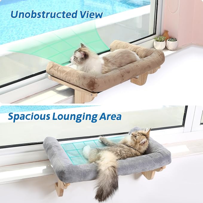 Cat Perch for Window Sill with Bolster - Orthopedic Hammock Design with Premium Hardwood & Robust Metal Frame - Cat Window Seat for Large Cats and Kittens - Dark Stained Wood with Brown Bed