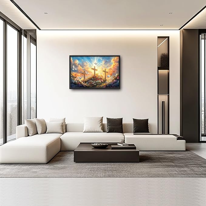 Framed Large Christian Jesus Wall Art, Oversized Floral Dove Wall Decor for Living Room, Landscape Canvas Painting Peaceful Pictures Modern Artwork for Living Room Bedroom Office 36"x24"