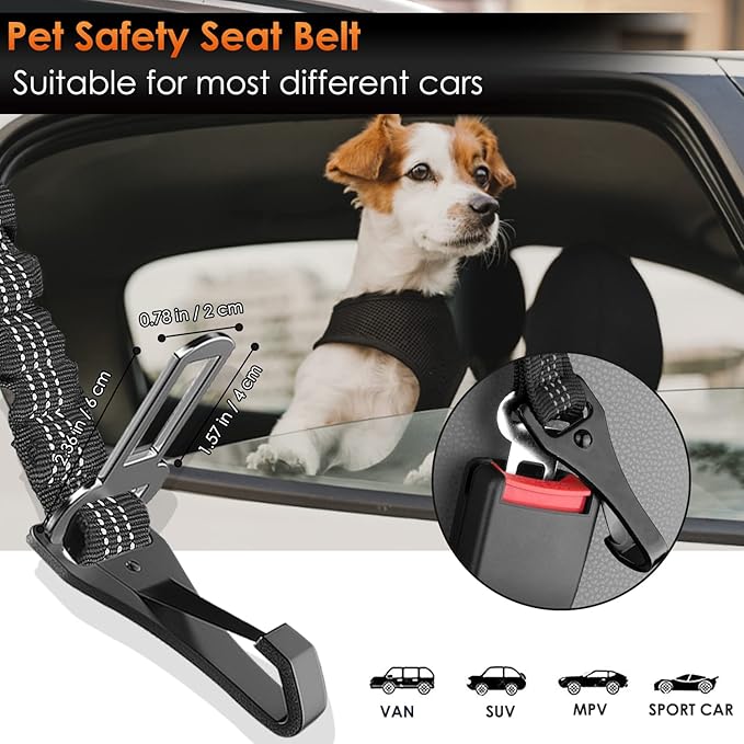 SlowTon Dog Seat Belt, Adjustable Dog Safety Belt Leash, 2 in 1 Latch Bar Attachment Dog Car Seatbelt with Elastic Nylon Bungee Buffer, Reflective Nylon Belt Tether Connect to Dog Harness (2Black)