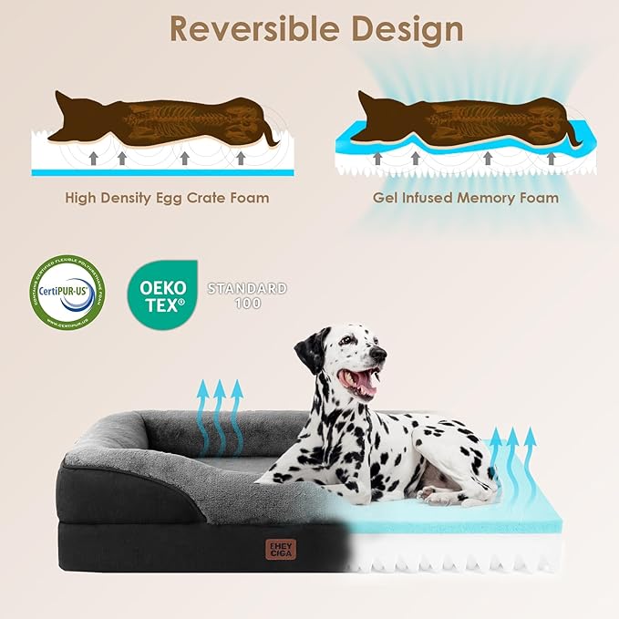 EHEYCIGA Memory Foam XL Dog Bed for XLarge Sized, Extra Large Orthopedic Dog Sofa with Sides and Waterproof Liner, Washable Pet Couch with Removable Cover, 48x35x7.5 Inch, Grey/Black