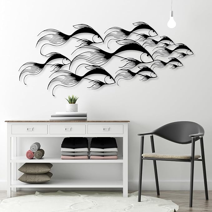 School of Fish Metal Wall Art, Metal Fish Wall Decor, Sea Life Wall Art, Large Nautical Wall Hanging, Modern Beach House Wall Decor, Ocean Themed Artwork for Bathroom (Silver, 53"x22" | 135x57cm)