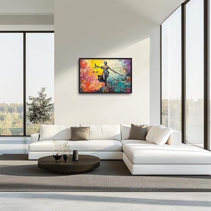 Extra Large Lady Justice Framed Wall Art for Living Room,Oversized Scales of Justice Pictures Wall Decor,Abstract Colorful Canvas Print Painting Modern Artwork Bedroom Office Bathroom 36L" x 24W"