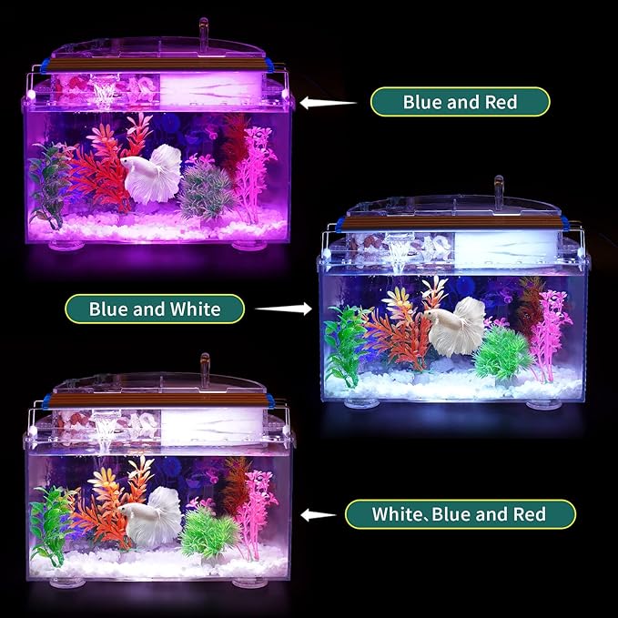 Betta Fish Tank Kit, 2.5 Gallon Aquarium Self-Cleaning with LED Light, Filter, Heater, Decorations and Accessories - Ideal for Hydroponic Growing System and Aquaponics