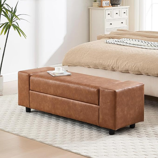 55" End of Bed Storage Bench Ottoman for Bedroom, Faux Leather Upholstered Entryway Bench Long Window Seating for Corner/Living Room/Recption Room/Office/Shop, Brown